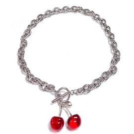 Punk Sweet Cherry Pendant Stainless Steel Necklace Ot Buckle Gothic Street Harajuku Adjustable Link Chain Lovely Choker Collar Jewelry for Women Men-red
