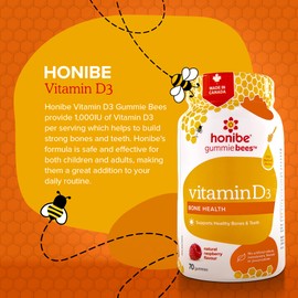 Honibe Vitamin D Gummies for Kids and Adults | Honey-Based Vitamins Made in Canada | Vitamin D3 Helps Support Bone Health, Mood and Immune System Functions | Vegetarian Chewable Vitamin D Supplements | 70 gummies