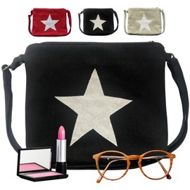Women's Shoulder Bag Casual Canvas Handbag Messenger Bag Vintage Shoulder Bag Fabric Bag Star Sequins, black