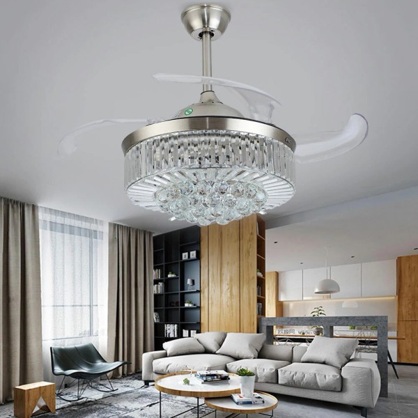 Modern Crystal Ceiling Fan + LED Light Remote Noise-Free Chandelier