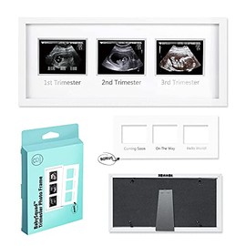 BabySquad Trimester Photo Frame, 16.5 x 6.5 INCHES (LARGE SIZE), Bonus Matte Insert, Sawtooth Hanger + Kickstand Stand, Watch Your Baby Grow through the Ultrasound and Sonogram Progression Photo Frame, Nursery Decor, White, Babyshower Keepsake, Baby Phot