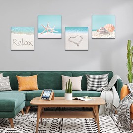 OTOSTAR 4 Pieces Wall Art Canvas Prints - Seashell Starfish and Beach Picture Painting - Modern Wall Artwork Framed for Gifts Bathroom Home Kitchen Office Decor - 12 x 12 Inch