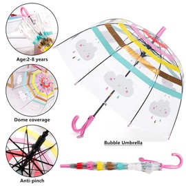 RONIARE Kids Umbrella Clear Bubble Umbrellas for Rain,Safety Dome Windproof Umbrella for Kid Girls and Boys(Rainbow Pink)