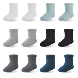 EPEIUS Unisex Baby Crew Socks with Non Slip Infant Boys Girls Dress Socks Cotton Booties 3-6 Months Black White Grey Blue Navy 12 Pack