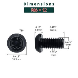 M6-1.0 x 12mm Stainless Button Torx Head Machine Screws (25 pcs), 18-8 (304) Stainless Steel Tamper Resistant Torx Drive Screws, Car License Plates Screws, Black Coated, Fayeploo (Screwdriver Bit)