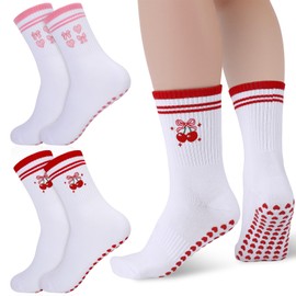 Jspupifip 2 Pairs Pilates Socks with Grip for Women Embroidery Non-Slip Yoga Socks with Heart Striped Cherry Bow Patterns for Barre Workout Hospital (2 Pairs)