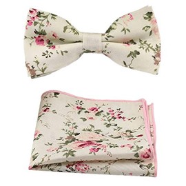 Men's Luxury Cotton Pre-tied & Fully Adjustable Bow Tie & Pocket Square Set (Cream Floral) - suitable for formalwear, office, weddings, parties, grooms & groomsmen outfits