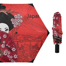 Poeticcity Japanese Woman Girl Hairstyle Cherry Blossoms Mount Fuji Red Style Folding Umbrella, Anti-UV 3 Folds Lightweight Parasol, Compact Windproof Strong Umbrellas for Car Travel Sun & Rain