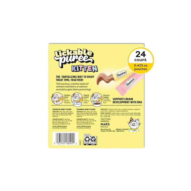 Temptations Puree Kitten Treats Lickable, Chicken and Salmon Variety Pack,