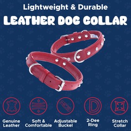 Red Rhinestones Bling Leather Dog Collar, Riveted Crystals | 20” x 1" (for Neck Size: 14.5"- 17.5")| Stainless Steel by Angel Pet Supplies
