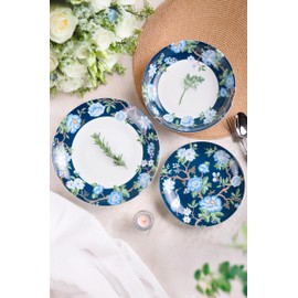 222 Fifth Nightingale 12-Piece Porcelain Dinnerware Set – Service for 4, Bohemian Blue Floral Design, Perfect for Everyday Dining & Entertainment, Microwave & Dishwasher Safe