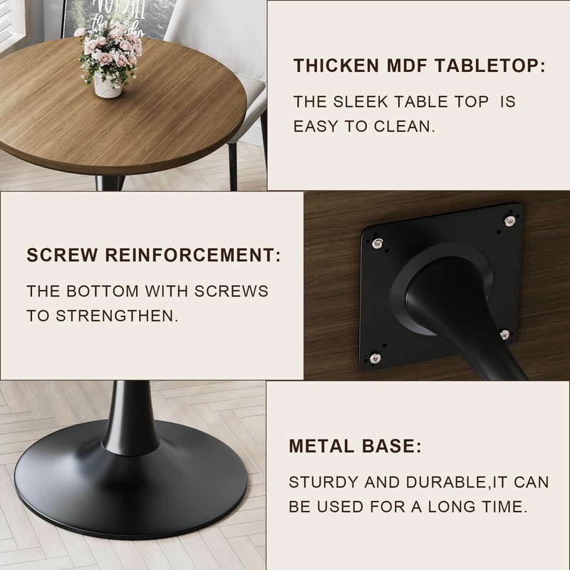 24 inch Small Tulip Table for 2 Person, Walnut Round