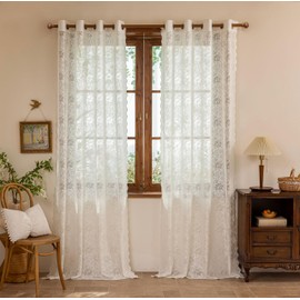 Luyicozy Scalloped Floral Lace Curtains 84 Inches Long Vintage Semi Sheer Curtains Ivory Window Drapes for Living Room Bedroom, Grommet Top 2 Panels, 52 x 84 Inches