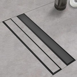 Linear Shower Drain with Tile Insert Panels, 24 Inch Black 304 Stainless Steel Rectangle Shower Floor Drain, with Hair Catcher, Adjustable Feet, Fits Bathroom, Balcony