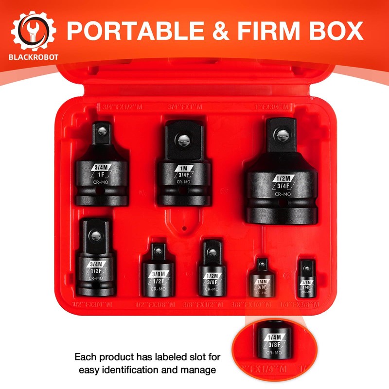 BLACKROBOT 8PCS Impact Socket Adapter Set, 1” 3/4” 1/4" 3/8"