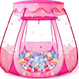 Mother's Day Gift Princess Pop Up Tent with Colorful Star Lights, Foldable Ball Pit for 1-3 Years Old, Indoor & Outdoor Play, Carrying Bag Included - Color: Pink
