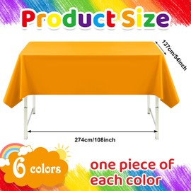VAIPI 6 Pcs Rainbow Plastic Tablecloths Assorted Colorful Disposable Party Table Cloths Rectangle Pastel Table Covers for Wedding Birthday Neon Party Decor, 108'' x 54''