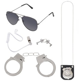4 Pcs Detective Costume Accessories Set for Adults, Detective Role Play Dress Up, Detective Cosplay Prop, Spy Agent Costume Accessories - Sunglasses, Ear Piece, Badge, and Handcuffs Black