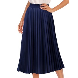 DRESSTELLS Pleated Midi Long Skirts for Women, Aline High Waisted Summer Flowy Chiffon Boho Swing Skirt 2025 Office Work Navy XL
