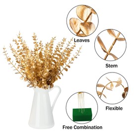 ABAJI Plastic Eucalyptus Golden Stems 12 Fake Faux Decorations Artificial Leaves Greenery Plant Leaf Home Office House Table Desk Decor Wedding Party Vase Forever Live | ABAJI