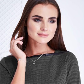 MYA art Premium Kette Halskette 925 Silber Rhodiniert Kreuz Anhänger mit rundem Zirkonia Strass Stein Damen Kinder Kreuzkette 45cm MYASIKET-119