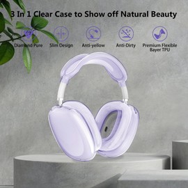 Aircawin for AirPods Max Case Clear,3 in 1 Clear Soft TPU Ear Cups Case Cover/Ear Pad Case Cover/Headband Cover for Airpods Max Case Cover,Case for AirPod Max Headphone Accessories-Purple