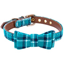 Puppy Collars for Small Dogs - StrawberryEC Adjustable Puppy Id Buckle Collar Leather. Cute Plaid Bandana Dog Collar (Bow-Peacock Green)