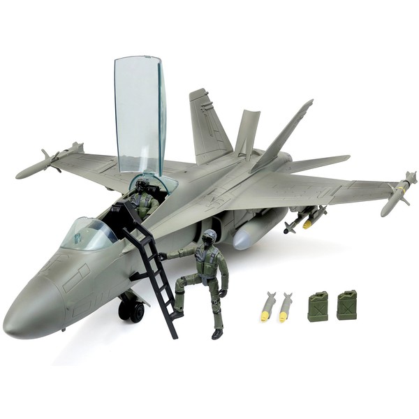 Click N’ Play Military Air Force F/A 18 Super Hornet Fighter Jet, 16 Piece Play Set with Accessories - Army Action Figures, Missiles, and More, Toy for Boys 6+,Grey