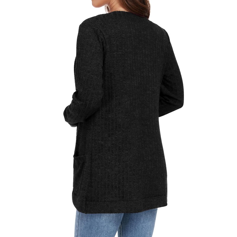 GRECERELLE Women's Black Long Sleeve Open Front Cardigan Casual Ribbed