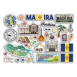 A5 Sticker Sheet Madeira Landmarks Vinyl Stickers - Portugal Beach Airport Stamps Skyline Flag Travel Holiday City Trip Luggage #80288