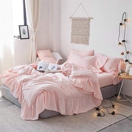 Ruffle Duvet Cover Queen Size,100% Washed Microfiber 3pcs Bedding Duvet Cover Set, Shabby Chic Farmhouse Duvet Cover and Pillow Shams, Zipper Closure & Corner Ties, Easy Care (Pink, Queen)