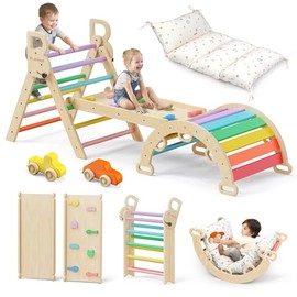 BlueWood Conjunto de Triángulo Pikler con Cojín - Juguetes de Escalada para Niños Pequeños 9-en-1, Gimnasio de Juegos con Filosofía Montessori con Arc