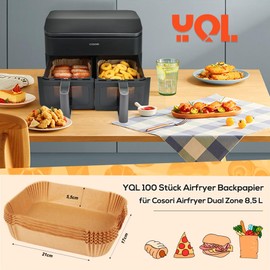 YQL Airfryer Baking Paper for Cosori Hot Air Fryer, 2 Chambers, Airfryer 8.5 L, Air Fryer Accessories for Cosori CAF-R901-AEU Double Hot Air Fryer/Cookwise Dual Zone 9L, Pack of 100 Air Fryer Insert