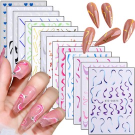 French Nail Art Stickers 3D Self-Adhesive Nail Decals Design, Colorful Wavy Line Heart Nail Decoration Holographic Elegant Chains Nail Sticker, Women Girls Manicure Tips Supplies Nail Decal(14 Sheets)