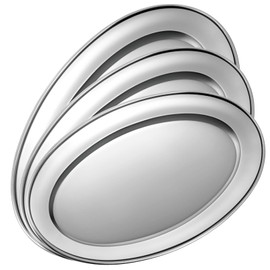 FoldTier 3 Pcs Stainless Steel Serving Tray Large Oval Platter Set,Oval Serving Set Heavy Duty Metal Serving Tray Large Mirror Polish Sizzle Plate,11.8 In, 13.8 In, 15.7 In