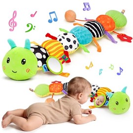Juguetes sensoriales para bebés de 0 a 6 meses, animal musical de peluche con forma de oruga para bebés de 0 a 3 a 6 a 12 meses, tiempo de barriga con espejo para bebé, sonajero crujiente para asiento