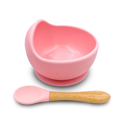 Ecowood® Tazón/Plato Hondo/Bowl de Silicon con Cuchara de Bambú para Bebe y Niño Antiderrame, Ligero, Resistente y Seguro (Rosa)