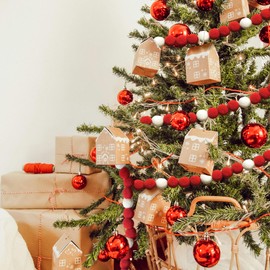 KI Store Red and White Pom Pom Garland Set of 3 Christmas Ball Graland 8.5ft for Christmas Tree Decorations Fireplace Mantel Table