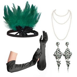 Cizoe 1920s Flapper Gatsby Costume Accessories Set 20s Flapper Headband Vintage Pearl Necklace Gloves(ac5)