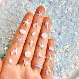 300Pcs Summer Beach Nail Charms Blue Aurora Seashell Starfish Conch Mermaid Nail Rhinestones Multi Shape Ocean Nail Jewels and Gems Flat Back Aurora Mermaid Nail Supplies for Beach Summer DIY Manicure