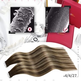 Moresoo Tape in Hair Extensions Human Hair Balayage Tape in Extensions Dark Brown with Caramel Blonde Real Hair Extensions Tape in Human Hair 12 Inch 20 Pieces/30g #4/27/4