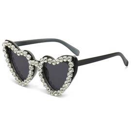 YAMEIZE 70s Trendy Rhinestone Heart Sunglasses - for Women Men Love Rhinestone Heart Shaped Diamond UV400 Party Driving, black