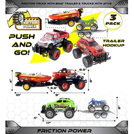 Mozlly Bundle of 2 Friction Powered Monster Trucks with ATV Trailer Playset, Push Powered Monster Truck with Speed Boat Transport Toys - Push & Go
