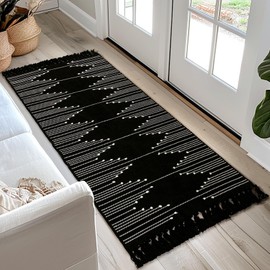 Tritard Boho Runner Rug 2x6 - Washable Lightweight Area Rug for Hallway, Farmhouse Moroccan Cotton Rugs with Tassels Kitchen Bathroom Thin Woven Low Pile Carpet for Entryway, Bedroom, Black and White