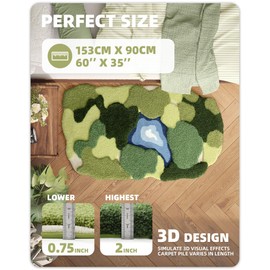 Color&Geometry Green Moss Rug for Bedroom Decor Aesthetic, 60"x35" 3D Soft Shaggy Bedside Rug,Non Slip Washable Area Rug for Home, Living Room, Bathroom Decor