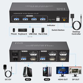 KVM Switch 2 Monitors 2 Computers DisplayPort and HDMI 4K@60Hz KVM Switcher Dual Monitor for 2 PC Share 2 Monitors and 4 USB 3.0 Ports Support Extended/Copy Mode