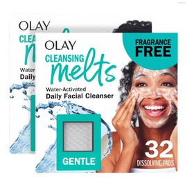 Olay Face Wash, Gentle Cleansing Melts, Fragrance-Free, Daily Use Cleanser, For All Skin Types, Travel Size, Water-Activated to Clean, Tone, and Refresh, 64ct (2 Pack x 32ct)