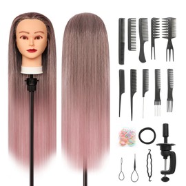 Styling Head 28 inch Hairdresser Training Head 100% Synthetic Fiber Hair Styling Head, Training Head Hairdressing Head with Free Clamp and DIY Braiding Set (Gradient Pink)