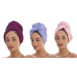 Keanu Pack of 3 Luxury Hair Turban Towels, Hair Drying Towel with Loop and Button Fastener, 100% Cotton, 64 x 23cm - Berry, Lilac, Pink
