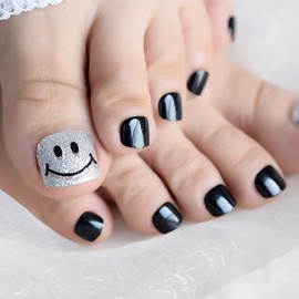 iMABC Glue Press On Toenails, Fake False Nail Gel Included, This is Black Gery White Stars Smile Pattern, Short Size, Squoval Shape, 24Pcs, Acrylic Decoration Manicure